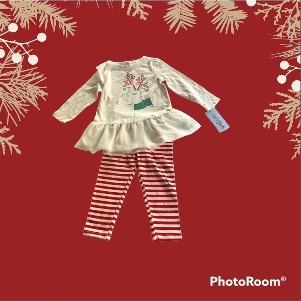 Cat & Jack Baby Girls Christmas Reindeer Striped 2 pc Outfit Set Size 18M